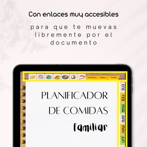 May include: A yellow and black planner with the text "PLANIFICADOR DE COMIDAS familiar" on a white background. The planner has a tabbed section with the months of the year in Spanish.