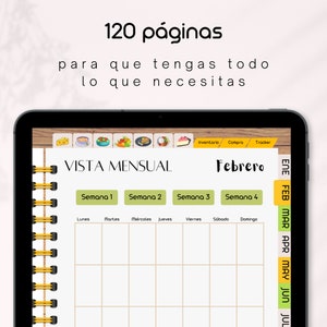 May include: A digital planner with a monthly view for February. The planner has a brown background with a yellow border. The planner has a section for each week of the month, with days of the week listed across the top. The planner also has a section for inventory, shopping, and tracking.