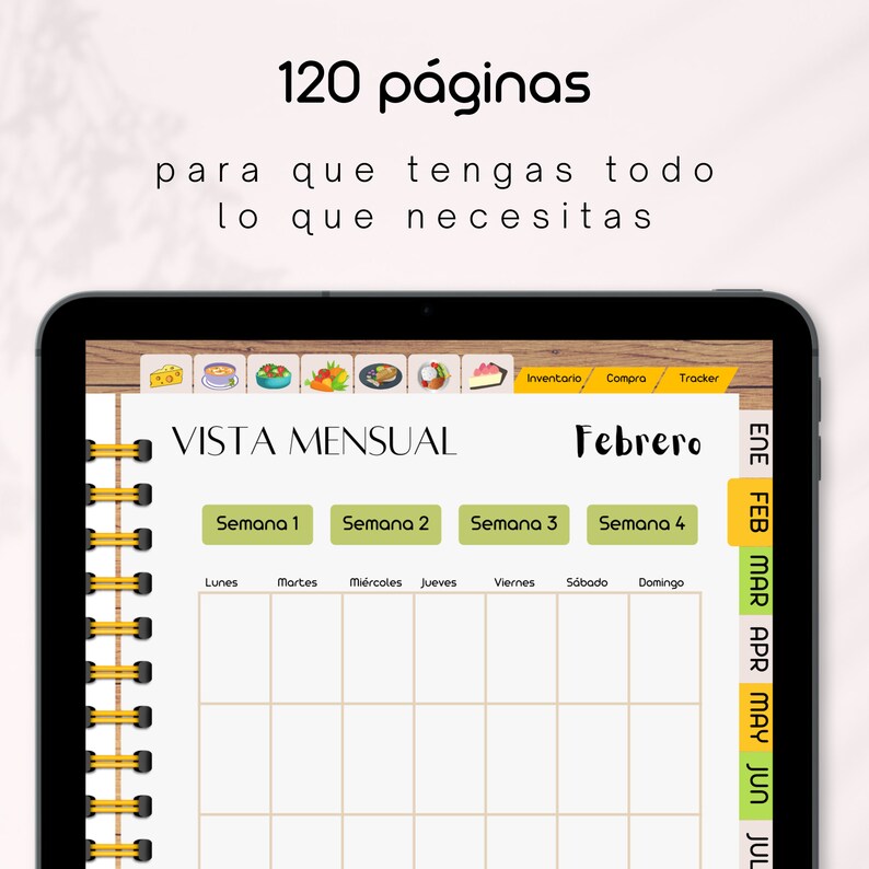 May include: A digital planner with a monthly view for February. The planner has a brown background with a yellow border. The planner has a section for each week of the month, with days of the week listed across the top. The planner also has a section for inventory, shopping, and tracking.