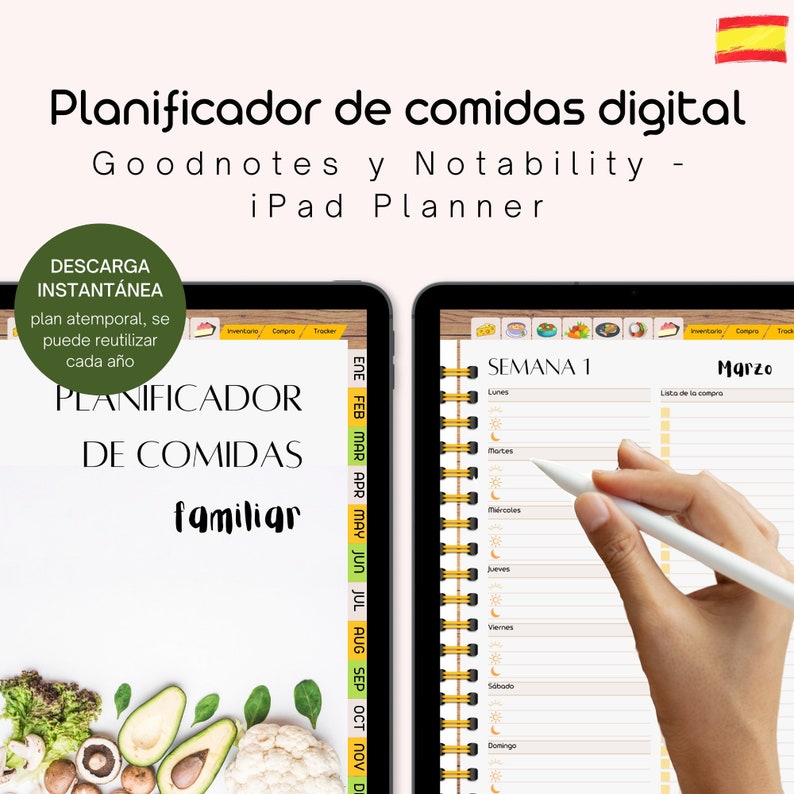 May include: Digital meal planner template for Goodnotes and Notability apps. The template features a weekly meal planner with a grocery list and a calendar for the year. The template is designed for iPad users.