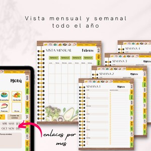 May include: A set of printable meal planner pages with a woodgrain background. The pages include a monthly meal planner, a weekly meal planner, and a grocery list. The pages are designed to help you plan your meals and track your grocery shopping.
