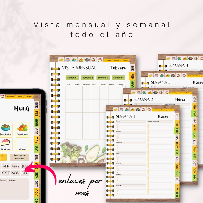 May include: A set of printable meal planner pages with a woodgrain background. The pages include a monthly meal planner, a weekly meal planner, and a grocery list. The pages are designed to help you plan your meals and track your grocery shopping.