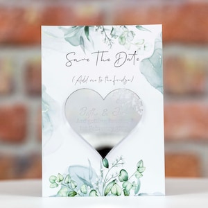 Save The Date Wedding Magnets, Silver acrylic mirror, Personalised Heart shaped fridge magnet with card/envelope, green floral design