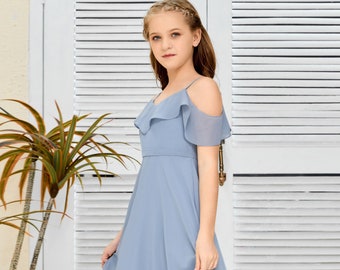 Dusty Blue Junior Bridesmaid Dresses Girls Bridesmaid Dresses For Wedding Floor Length Flower Girl Dresses Wedding Guest Party Princess Gown