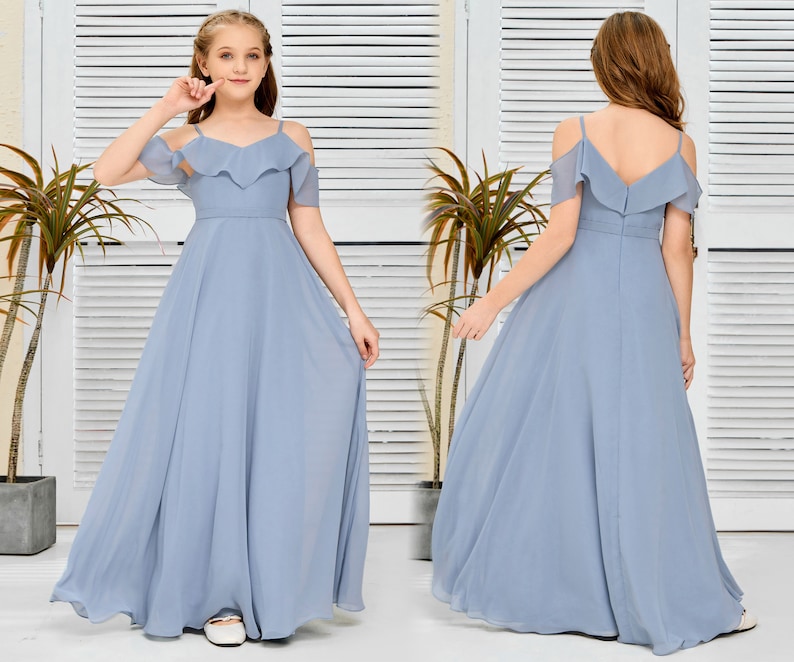Cute Two Layers Ruffles Junior Bridesmaid Dresses Slate Blue