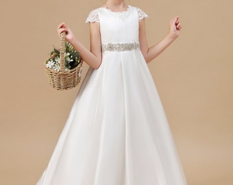 Robe de fille de fleur de satin ivoire, robe de première communion pour enfants, robe de bal de princesse, robe de princesse pour enfants, robes de filles de fleurs pour le mariage