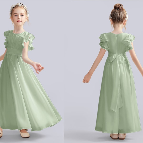 Dusty Sage A-Line Girl Dress Children Chiffon Junior Bridesmaid Dress With Ruffle Flower Girls Dresses For Wedding Communion Dress