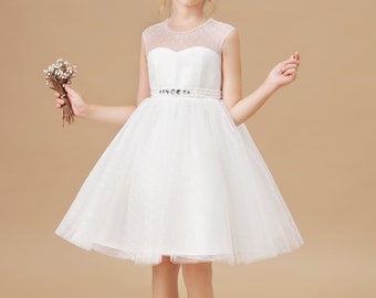 Ivory Flower Girl Dress,Children's First Communion Dress Knee Length Lace Birthday Party Dress Children Christmas Sleeveless Princess Dress