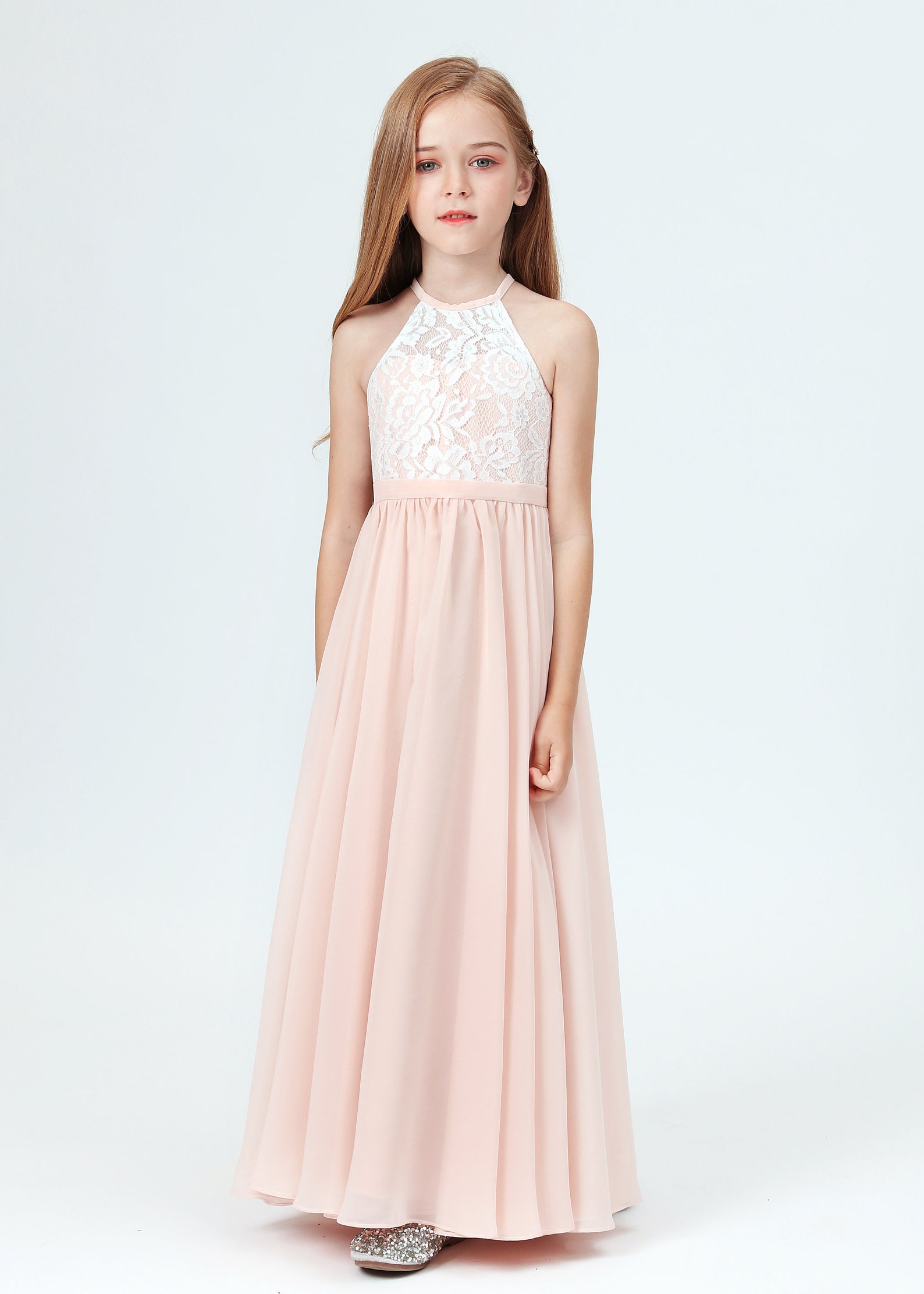 Simple Halter Floor-Length Junior Bridesmaid Gown Pearl Pink