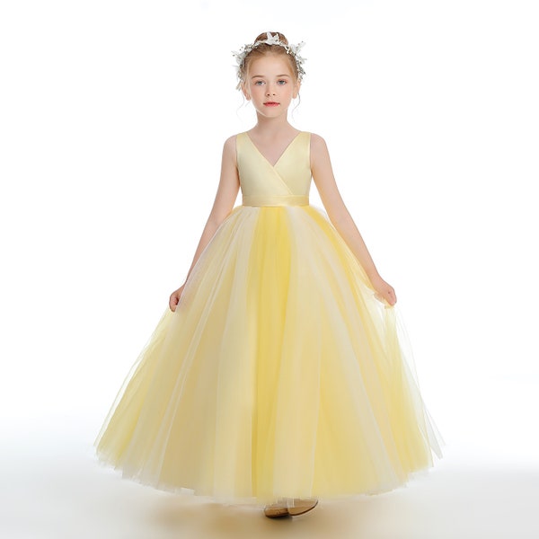 New V Neck Flower Girls Dresses For Wedding First Communion Yellow Tulle Party Prom Princess Pageant Gown For Kids With Belt