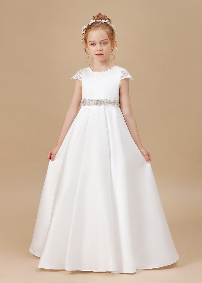 Robe de fille de fleur de satin ivoire, robe de première communion pour enfants, robe de bal de princesse, robe de princesse pour enfants, robes de filles de fleurs pour le mariage image 4