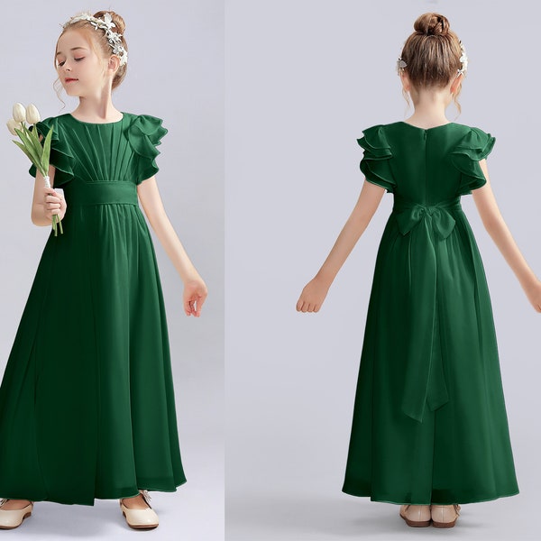 Dunkelgrün A-Line Mädchen Kleid Kinder Chiffon Junior Brautjungfernkleid mit Rüschen Blumenmädchenkleider für Hochzeit Kommunionkleid