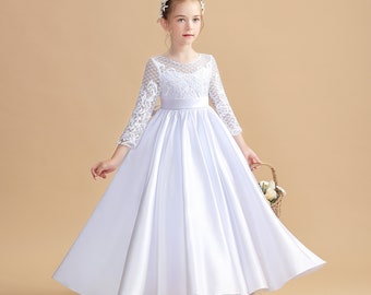 Ball-Gown/Princess Flower Girl Dress - Satin 3/4 Sleeve Children's First Communion Dress Baby Girls Wedding Party Dress 2-14
