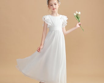 A-Line Girl Dress Children Chiffon Junior Bridesmaid Dress With Ruffle Flower Girls Dresses For Wedding Eucharist Attended