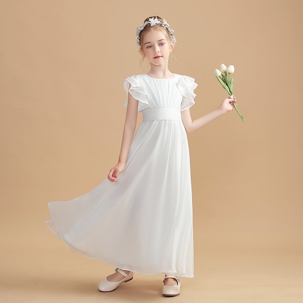 A-Linie Mädchenkleid Kinder Chiffon Junior Brautjungfernkleid mit Rüschen Blumen MädchenKleider zur Hochzeit Eucharistie