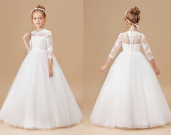 Ivory Long Sleeve Applique Lace Flower Girl Dress Girls Lace Dress Lace Dress Toddler Lace Boho First Communion Dresses Princess Dresses