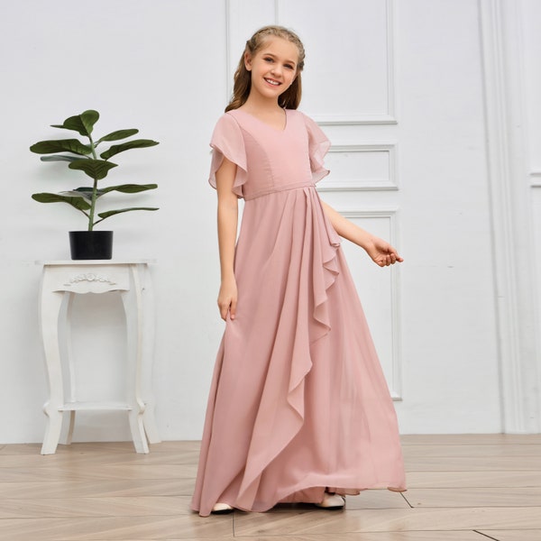 Dusty Rose Junior Bridesmaid Dresses Dresses For Wedding Chiffon Long sleeves Flower Girl Dresses Wedding Guest Party Princess Gown