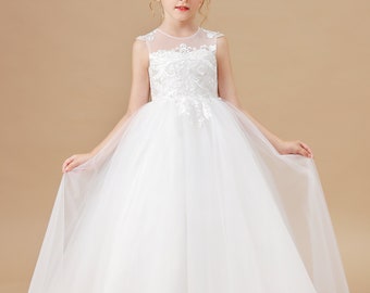 Robe de fille de fleur, nœuds Robe de première communion pour enfants, Robe de bal de princesse, Robe de fête de mariage, Robe de fille, Robe de perles de tulle Appqulies