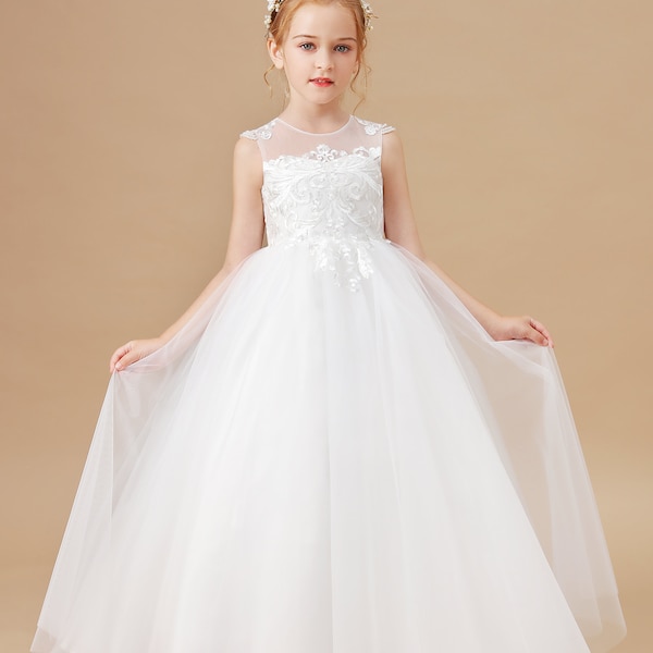 Flower Girl Dress, Bows Children's First Communion Dress ,Princess Ball Gown ,Wedding Party Dress,Girl dress,Appqulies Tulle Beads Dress