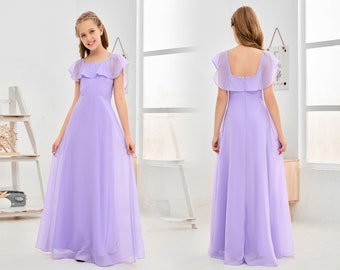 Lilac Junior Bridesmaid Dresses Dresses For Wedding Chiffon Short sleeves Flower Girl Dresses Wedding Guest Party Princess Gown