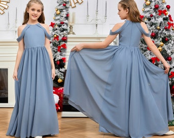 Dusty Blue Junior Bridesmaid Dresses Girls Bridesmaid Dresses For Wedding Floor Length Flower Girl Dresses Wedding Guest Party Princess Gown