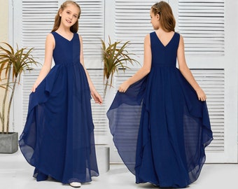 Bleu marine Junior Bridesmaid Robes Filles Bridesmaid Robes pour Mariage Longueur Flower Girl Robes Wedding Guest Party Princess Gown