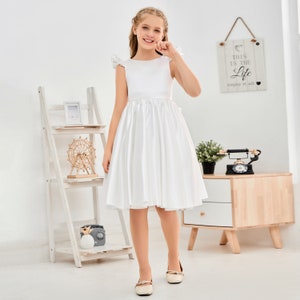 Scoop Pleated Knee-Length Girl's Dress Ivory