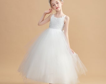 Ball-Gown / Princess Flower Girl Dress Satin / Tulle Sleeveless 2-14 anni Bows Abito di prima comunione per bambini Abito da festa di nozze