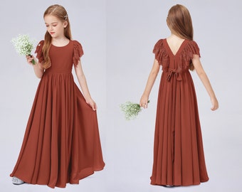 Rust Junior Bridesmaid Dresses,Girl Wedding Party Dress, Lace Chiffon Bridesmaid Dresses,Chiffon Girls Dresses,Little Bridesmaid Dresses