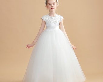 all Gown Flower Girl Dress Satin/Tulle With Beading Appliques Children's First Communion Dress PrincessWedding Party Dress