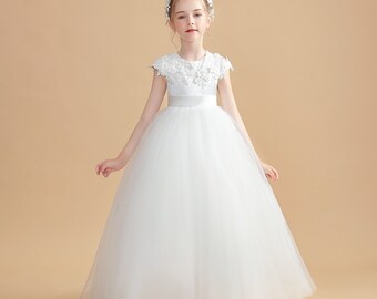 all Gown Flower Girl Dress Satin/Tulle With Beading Appliques Children's First Communion Dress PrincessWedding Party Dress