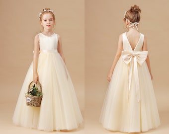 Champagne Flower Girls Dresses For Wedding First Communion Tulle Party Prom Princess Pageant Gown For Kids With Bow Princess Gown Girl Dress