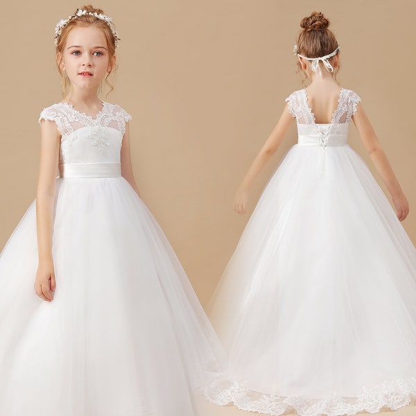 Ivory V Neck Applique Lace Flower Girl Dress Girls Lace Dress Lace Dress Toddler Lace Dress Boho First Communion Dresses Princess Dresses