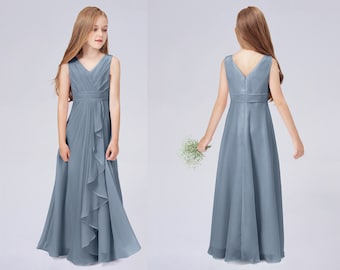 Dusty Blue Junior Brautjungfernkleider, Mädchen Hochzeit Kleid, Coffion Abendkleid, kleine Brautjungfernkleider, Coffion Blumenmädchenkleider