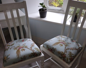 Upcycled Oak Barley Twist Upholstered Bedroom/Hall/Dining Chairs.  Satin Antique White paint with Duck Egg Orientalis Fabric - 2 Available