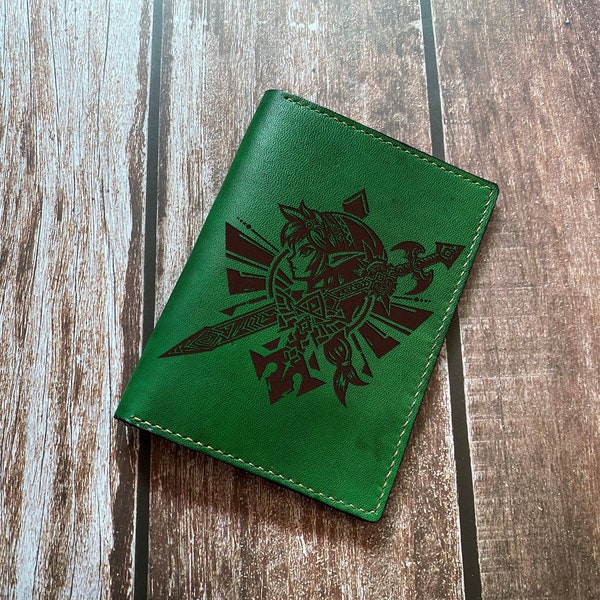 Zelda Link art leather wallet, custom leather gift ideas, Zelda mini journal cover, Zelda passport wallet, Zelda gift ideas for husband