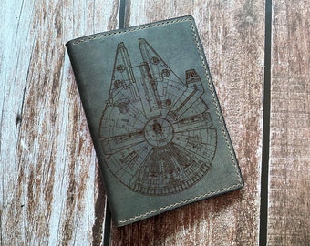 Millennium Falcon leather journal cover, Starwars journal gift ideas, Starship journal for boyfriend, custom engrave Starwars gift for dad