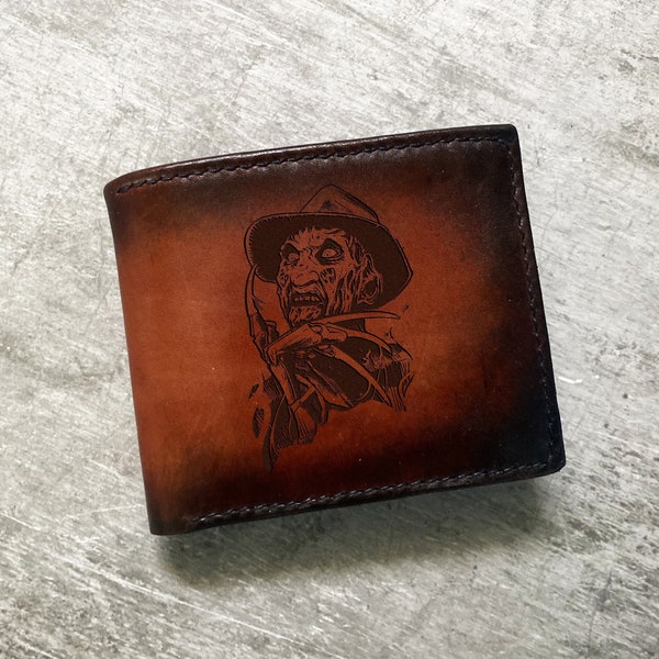 Freddy Krueger leather men's wallet, custom bifold horror wallet, halloween leather gift ideas, Night mare Elm street present for boyfriend