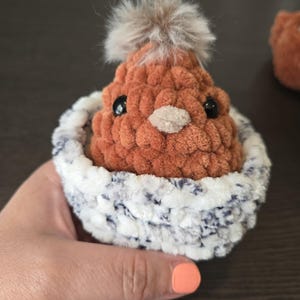 May include: A small, brown crocheted chick with black eyes and a fluffy gray pom-pom on its head. The chick is sitting in a white and gray crocheted nest.