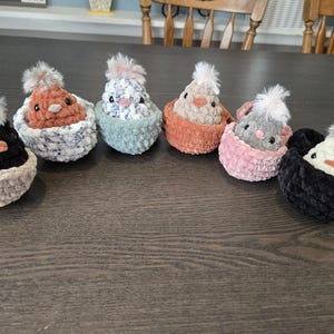 May include: Six crocheted chicks in nests, each with a different colored nest and chick. The chicks are all in various poses, with some looking up and some looking down. The nests are all made of a soft, fuzzy yarn.