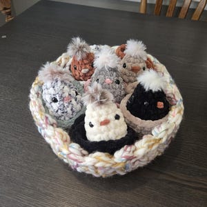May include: A crocheted basket filled with seven small crocheted chicks. The chicks are in various colors, including white, brown, gray, and black. The basket is made of a variety of colors, including pink, white, and yellow.