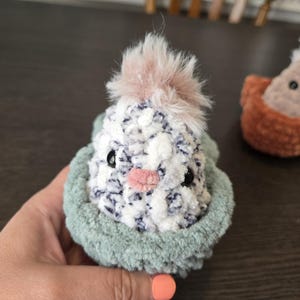 May include: A small, crocheted bird with a pink and white fuzzy head, sitting in a green crocheted nest.