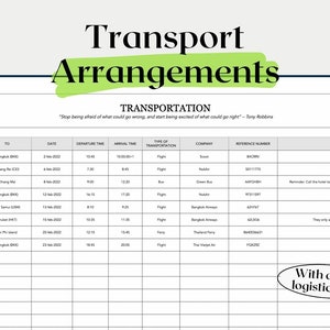 May include: A black and white table with a grid pattern and column headers for "From", "To", "Date", "Departure Time", "Arrival Time", "Type of Transportation", "Company", "Reference Number", and "Notes". The table is titled "Transport Arrangements" and includes the text "Transportation" with the quote "Stop being afraid of what could go wrong, and start being excited of what could go right." -  Tony Robbins.