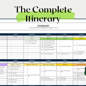 May include: A printable itinerary template with a green and yellow color scheme. The template is designed to help you organize your trip step by step. The text "The Complete Itinerary" is at the top of the page. The template includes a calendar with days of the week and time slots for each day.