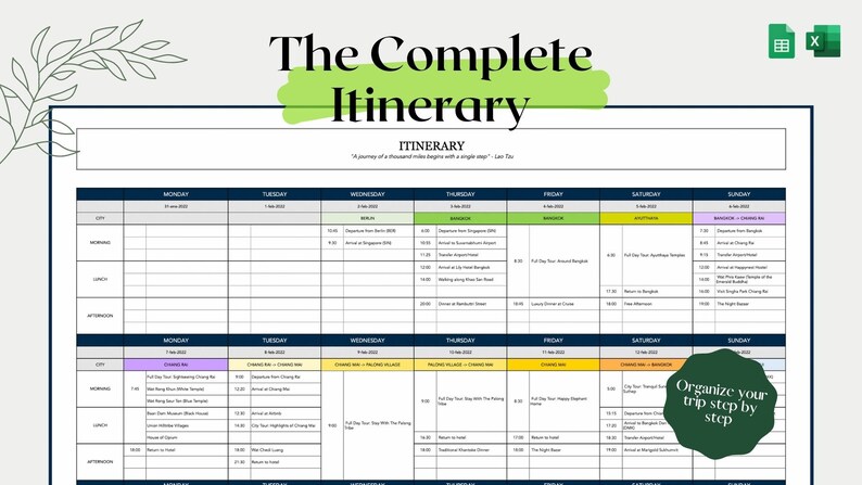 May include: A printable itinerary template with a green and yellow color scheme. The template is designed to help you organize your trip step by step. The text "The Complete Itinerary" is at the top of the page. The template includes a calendar with days of the week and time slots for each day.