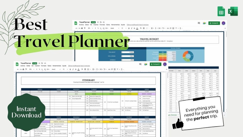 May include: A screenshot of a computer screen showing a spreadsheet program with the title "Travel Planner". The spreadsheet is divided into sections for itinerary, travel budget, and expenses. The spreadsheet is designed to help users plan their trips.