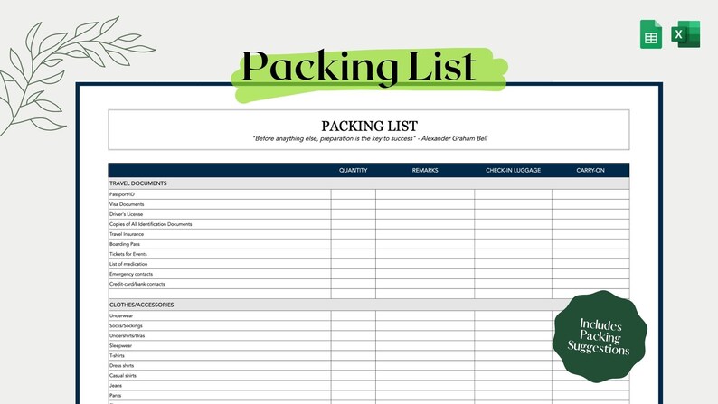 May include: A printable packing list template with a green title bar that says "Packing List". The template is divided into columns for quantity, remarks, check-in luggage, and carry-on. The template includes a list of travel documents and clothes accessories to pack.