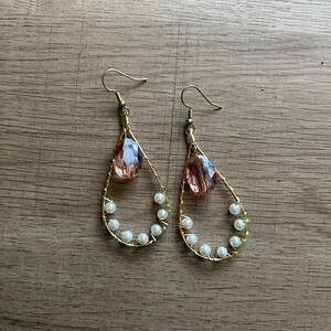 Pearl Beaded Hoops with Pink Gem Charms