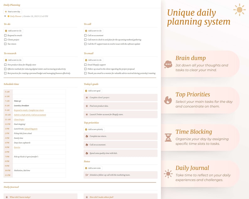Op de afbeelding: Een roze en gouden dagelijkse planner met secties voor takenlijsten, doelen, prioriteiten, tijd blokkeren en een dagboek. De planner bevat een sectie voor brainstormen om gedachten en taken op te schrijven.