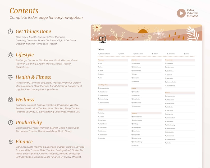 Op de afbeelding: Een afdrukbare indexpagina voor een planner met een perzik- en bruine kleurstelling. De index bevat secties voor "Get Things Done", "Lifestyle", "Health & Fitness", "Wellness", "Productivity" en "Finance".